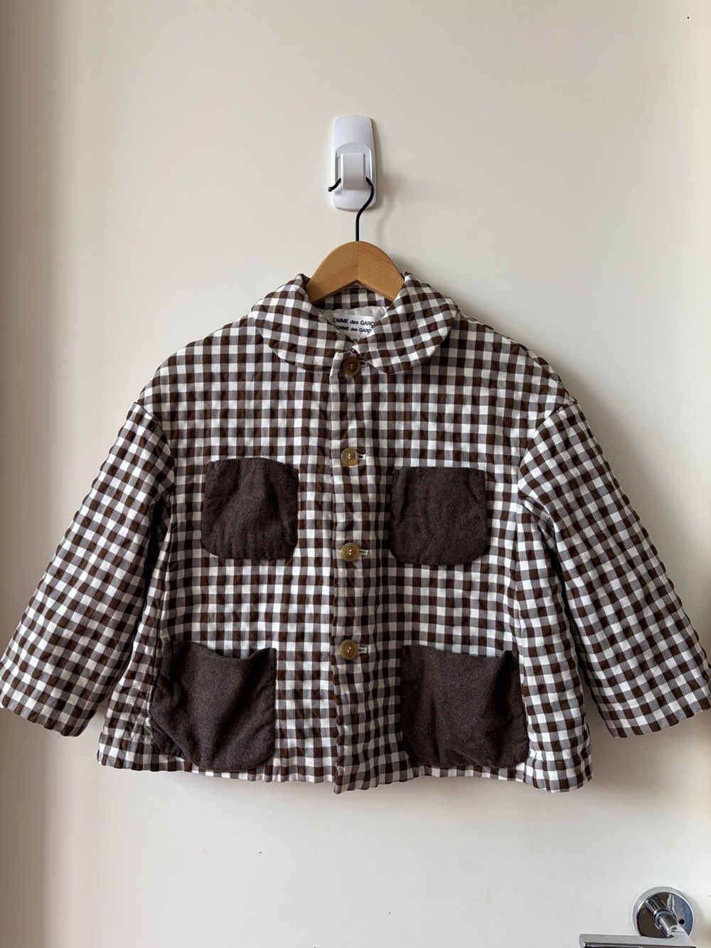 Comme des Garçons Brown & White Gingham Checker Button Up Jacket w/ wool pockets